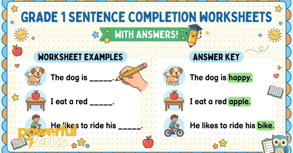 Grade 1 Sentence Completion Worksheets with Answers