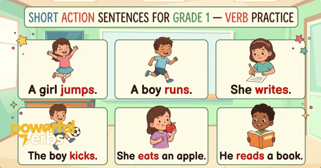 Short Action Sentences for Grade 1 — Verb Practice