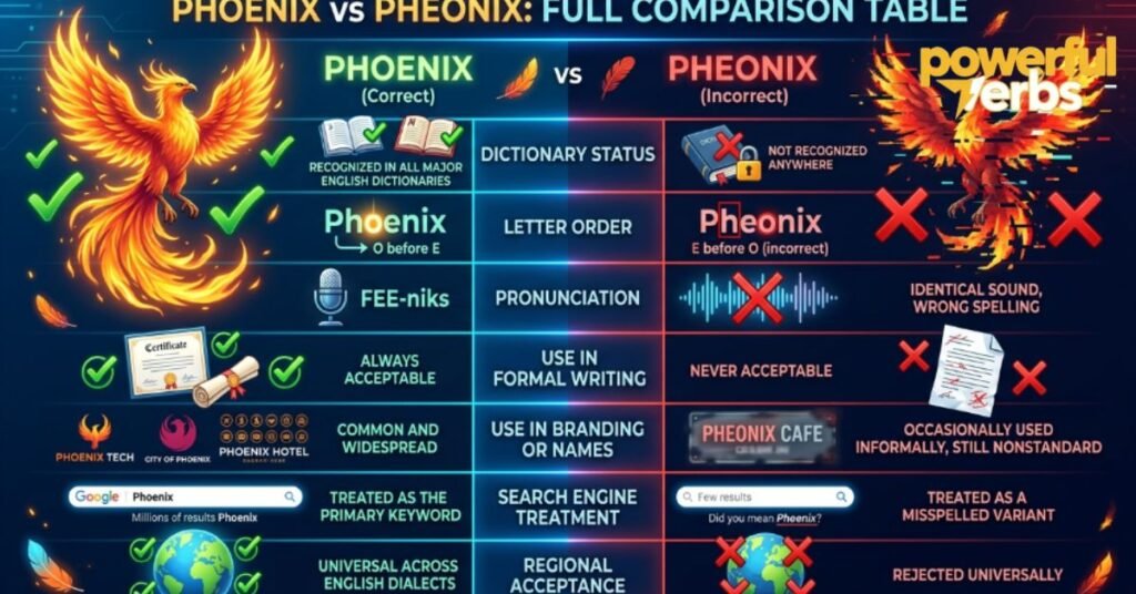 Phoenix vs Pheonix Full Comparison Table