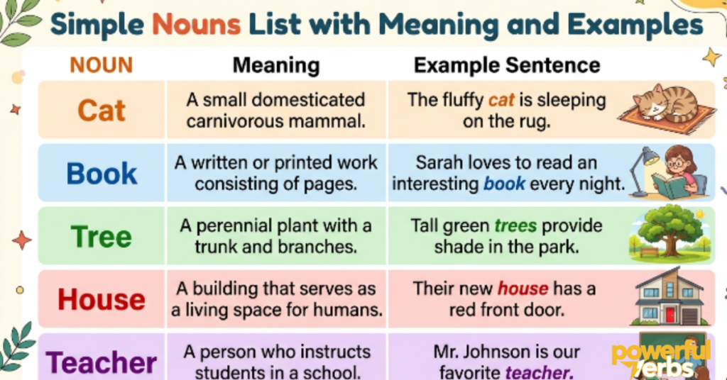 Simple Nouns List with Meaning and Examples