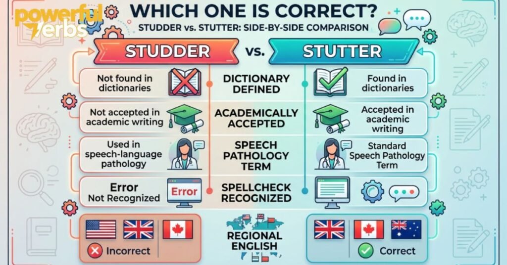 Related forms follow the same spelling pattern stuttering, stuttered, stutterer.