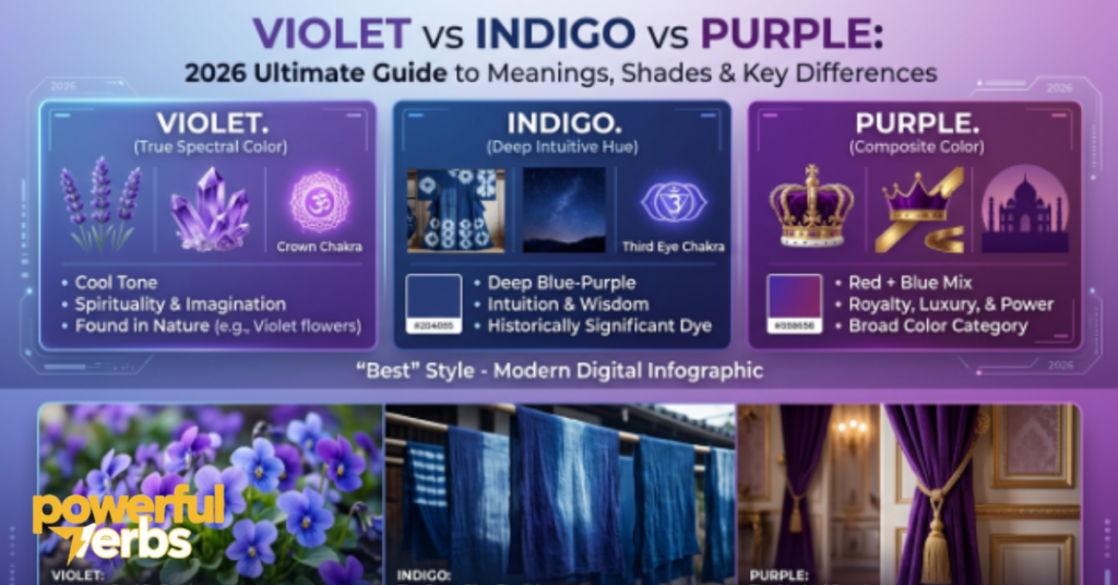 Violet vs Indigo vs Purple: 2026 Ultimate Guide to Meanings, Shades & Key Differences